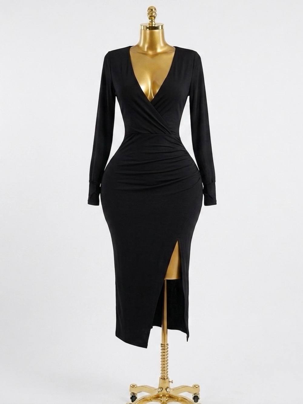 Fashion Nova Black Long Sleeve V-Neck Ruched Midi Dress with Slit